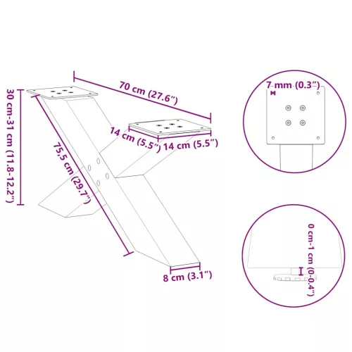  2 db fehér, X alakú dohányzóasztal láb 70 x (30-31) cm acél