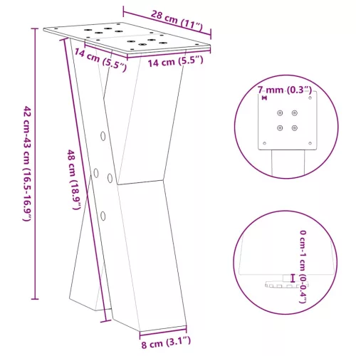  2 db antracitszürke X-alakú acél dohányzóasztal láb 28 x (42-43) cm