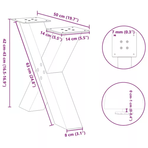  2 db fekete, X alakú acél dohányzóasztal láb 50 x (42-43) cm