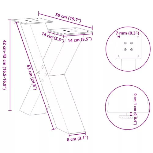  2 db X alakú natúr acél dohányzóasztal láb 50 x (42-43) cm