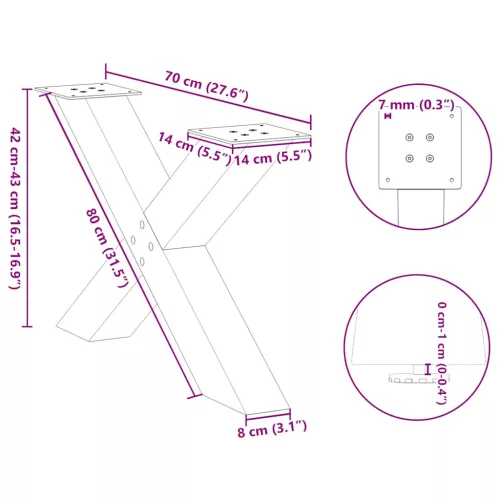  2 db fekete, X alakú acél dohányzóasztal láb 70 x (42-43) cm