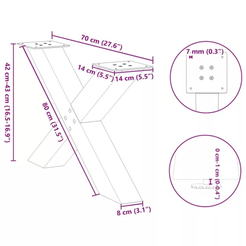  2 db X alakú natúr acél dohányzóasztal láb 70 x (42-43) cm