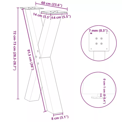  2 db fehér, X alakú étkezőasztal láb 60 x (72-73) cm acél étkezőasztalhoz