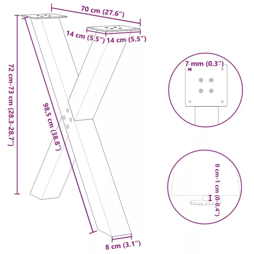  3 db X alakú étkezőasztal láb natúr acél 70x(72-73) cm