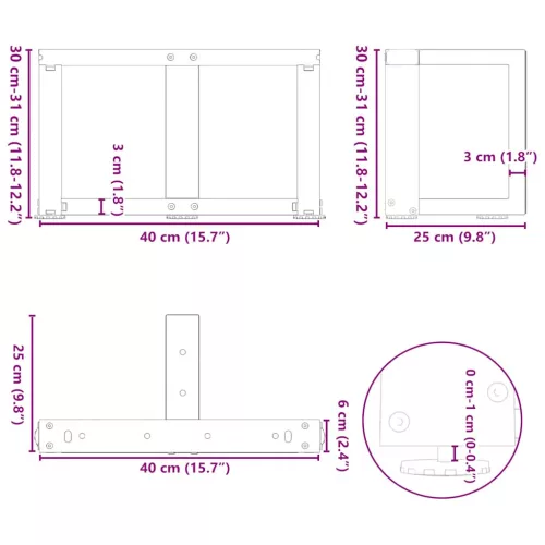 2 db fekete, T-alakú acél dohányzóasztal láb 40x25x(30-31) cm