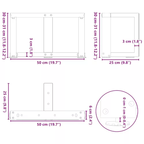  2 db fekete, T-alakú acél dohányzóasztal láb 50x25x(30-31) cm