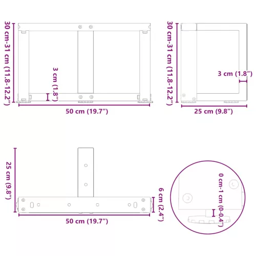  2 db fekete, T-alakú acél dohányzóasztal láb 50x25x(30-31) cm