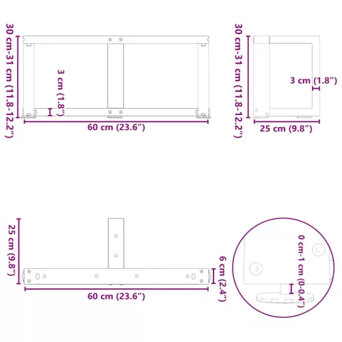  2 db fehér, T-alakú dohányzóasztal láb 60x25x(30-31) cm acél dohányzóasztal láb
