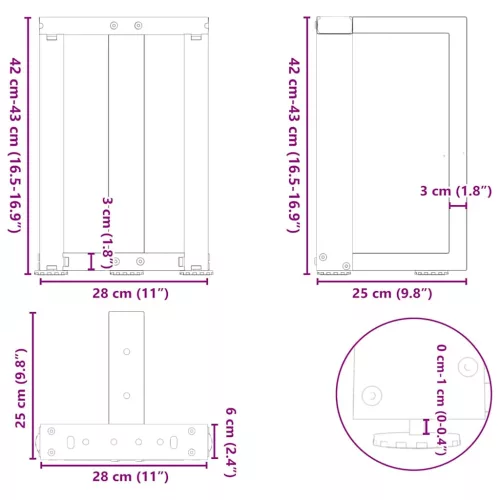  2 db fekete, T-alakú acél dohányzóasztal láb 28x25x(42-43) cm