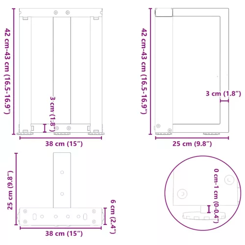 2 db fekete, T-alakú acél dohányzóasztal láb 38x25x(42-43) cm