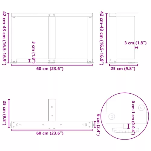  2 db fekete, T-alakú acél dohányzóasztal láb 60x25x(42-43) cm