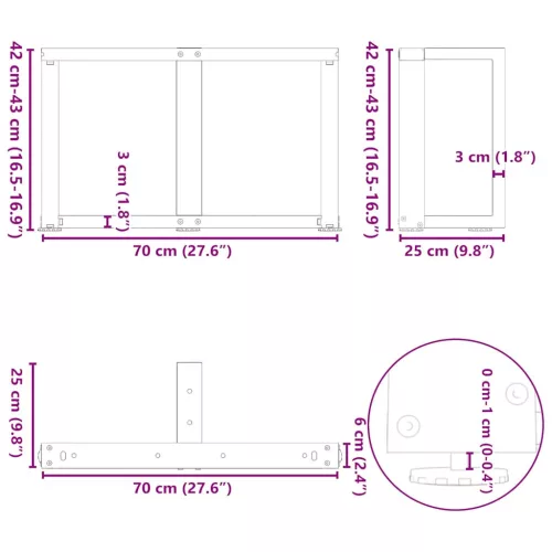  2 db fekete, T-alakú acél dohányzóasztal láb 70x25x(42-43) cm