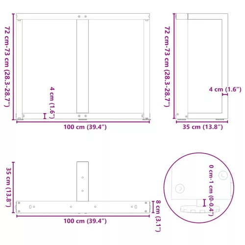  2 db antracitszürke, T-alakú acél étkezőasztal láb 100x35x(72-73) cm