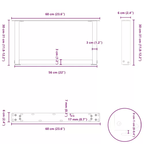  2 db U alakú dohányzóasztal láb fekete 60 x (30-31) cm acél dohányzóasztal láb