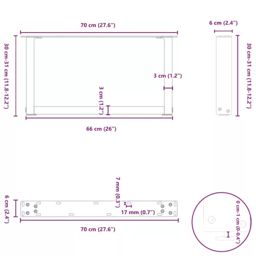  2 db U alakú dohányzóasztal láb fekete 70 x (30-31) cm acél dohányzóasztal láb