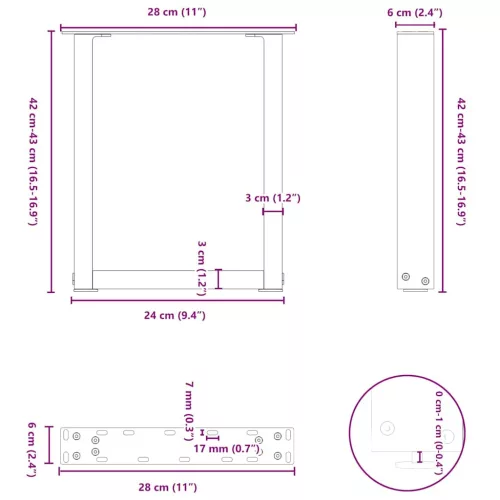  2 db U alakú dohányzóasztal láb fekete 28 x (42-43) cm acél dohányzóasztal láb