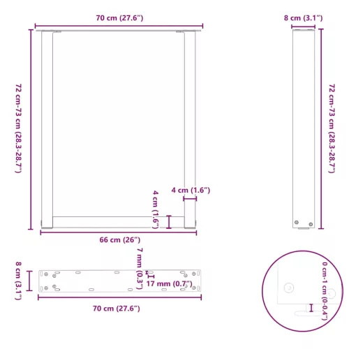  2 db antracitszürke, U alakú étkezőasztal láb 70 x (72-73) cm acél