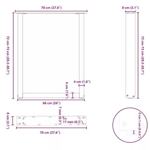  2 db U alakú étkezőasztal láb natúr acélból 70 x (72-73) cm