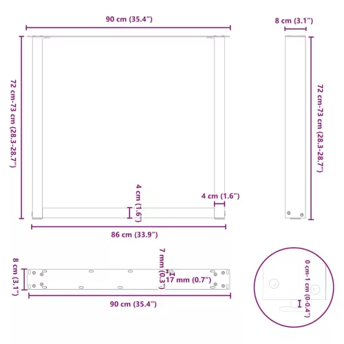  2 db U alakú étkezőasztal láb natúr acélból 90 x (72-73) cm