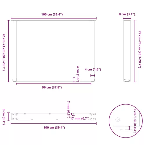  2 db U alakú étkezőasztal láb fehér 100 x (72-73) cm acél étkezőasztal láb