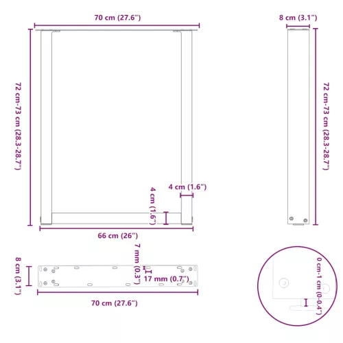  3 db U alakú étkezőasztal láb fekete, 70 x (72-73) cm acél
