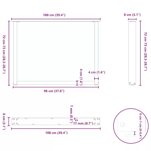  3 db antracitszürke, U alakú étkezőasztal láb 100 x (72-73) cm acél