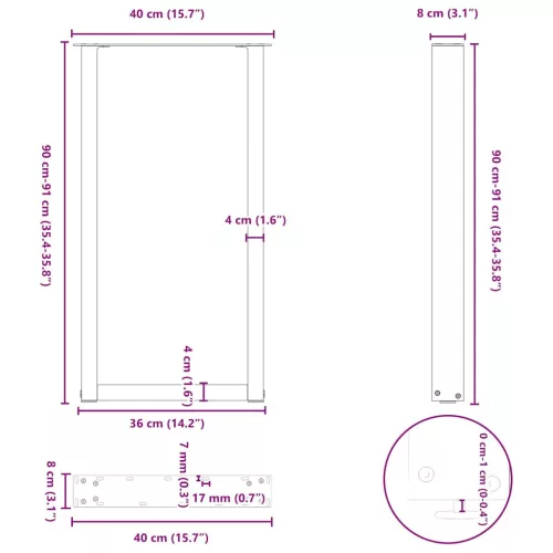  2 db U alakú bárasztalláb, fekete, 40 x (90-91) cm, acél