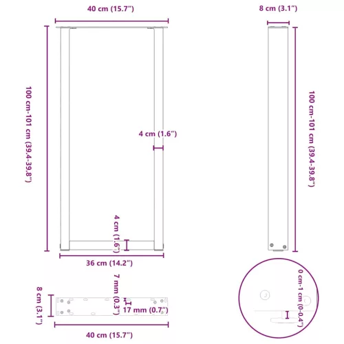  2 db U alakú bárasztalláb, fekete, 40 x (100-101) cm, acél