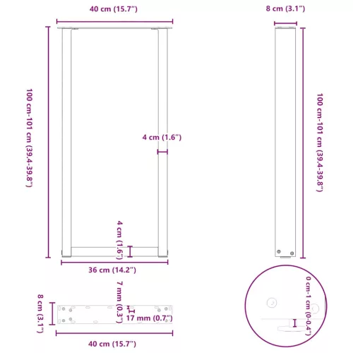  2 db U alakú bárasztalláb, fehér, 40 x (100-101) cm, acél