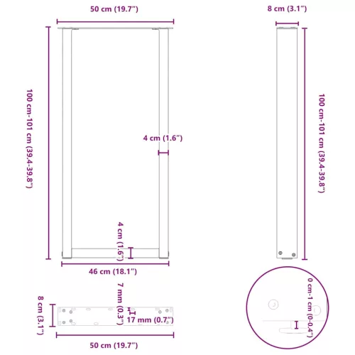  2 db fekete U-alakú acél bárasztalláb 50 x (100-101) cm
