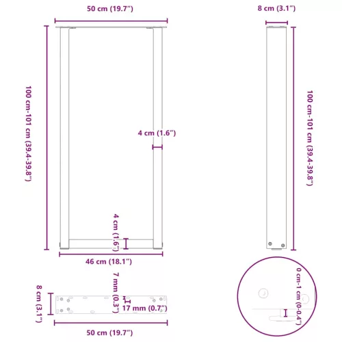  2 db U alakú bárasztalláb fehér 50x(100-101) cm acél