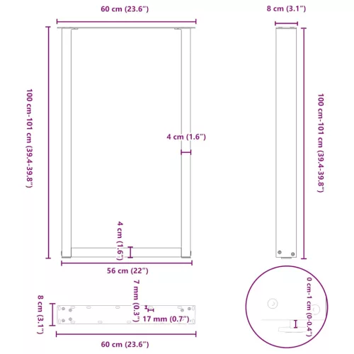  2 db U alakú bárasztalláb, fekete, 60 x (100-101) cm, acél