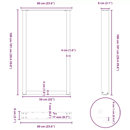  2 db U alakú bárasztalláb natúr acélból 60x(100-101) cm