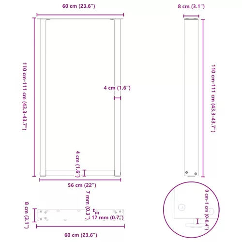  2 db fekete U alakú acél bárasztalláb 60 x (110-111) cm
