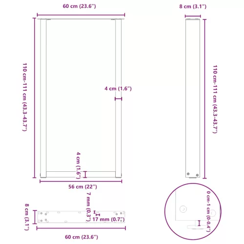  2 db U alakú bárasztalláb, fehér, 60 x (110-111) cm, acél