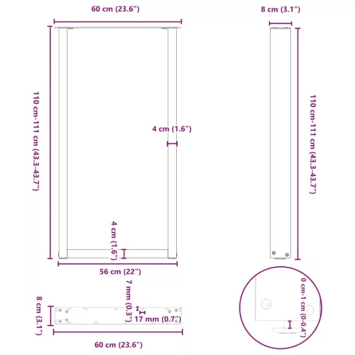  2 db U alakú bárasztalláb natúr acélból 60x(110-111) cm