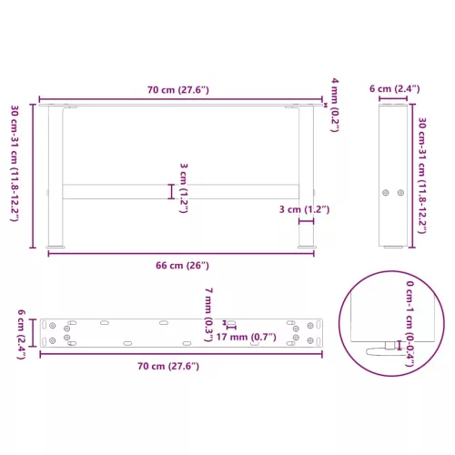  2 db fekete acél dohányzóasztal láb 70 x (30-31) cm