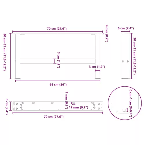  2 db natúr acél dohányzóasztal láb 70 x (30-31) cm acél