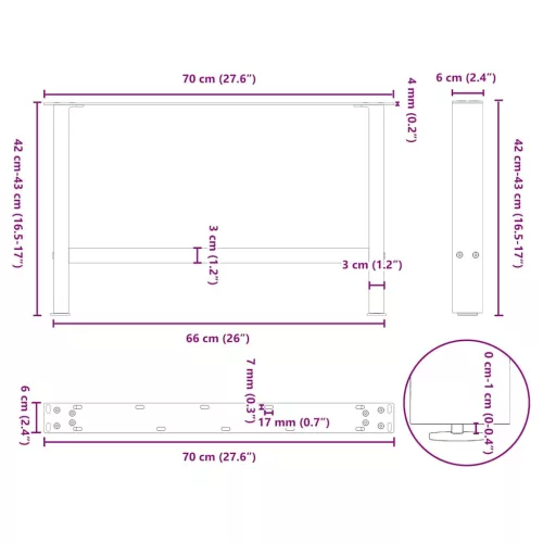  2 db fekete acél dohányzóasztal láb 70 x (42-43) cm