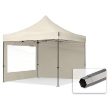   Professional összecsukható sátrak PREMIUM 350g/m2 ponyvával, acélszerkezettel, 2 oldalfallal, panoráma ablakkal - 3x3m bézs