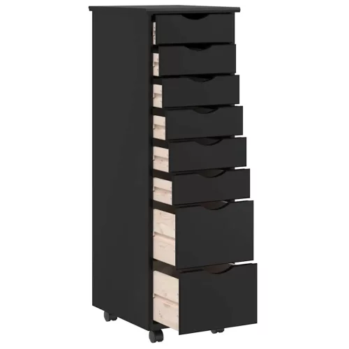  MOSS fekete tömör fenyőfa görgős szekrény fiókokkal