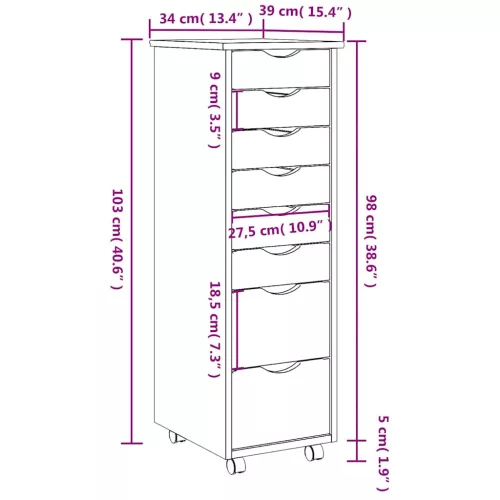  MOSS fekete tömör fenyőfa görgős szekrény fiókokkal