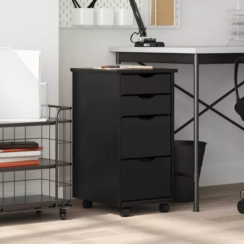  MOSS fekete tömör fenyőfa görgős szekrény fiókokkal