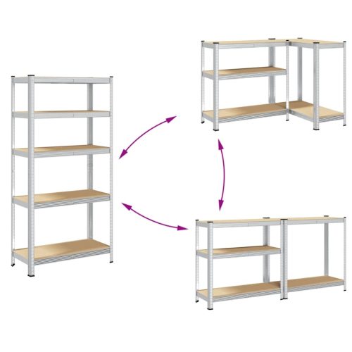  5 szintes ezüstszínű acél és szerelt fa tárolópolc