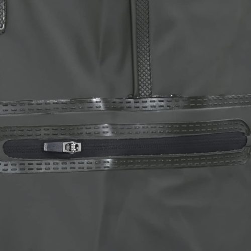  sötétzöld mellkasig érő gázlóruha csizmával és övvel 45-ös