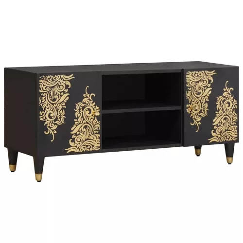  TV szekrény polcokkal Fekete 105 x 33 x 46 cm Tömör Mangófát