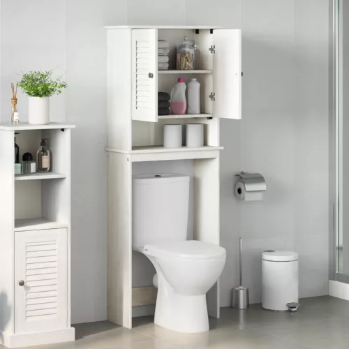  WC Szekrény polcokkal tárolóval ajtóval Fehér 60 x 27 x 161 cm Tömör fenyőfa