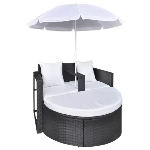  fekete polyrattan kerti ágy napernyővel