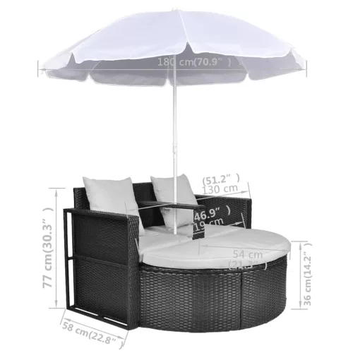  fekete polyrattan kerti ágy napernyővel