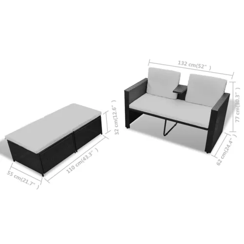  8 részes fekete kerti polyrattan pihenőszett 
